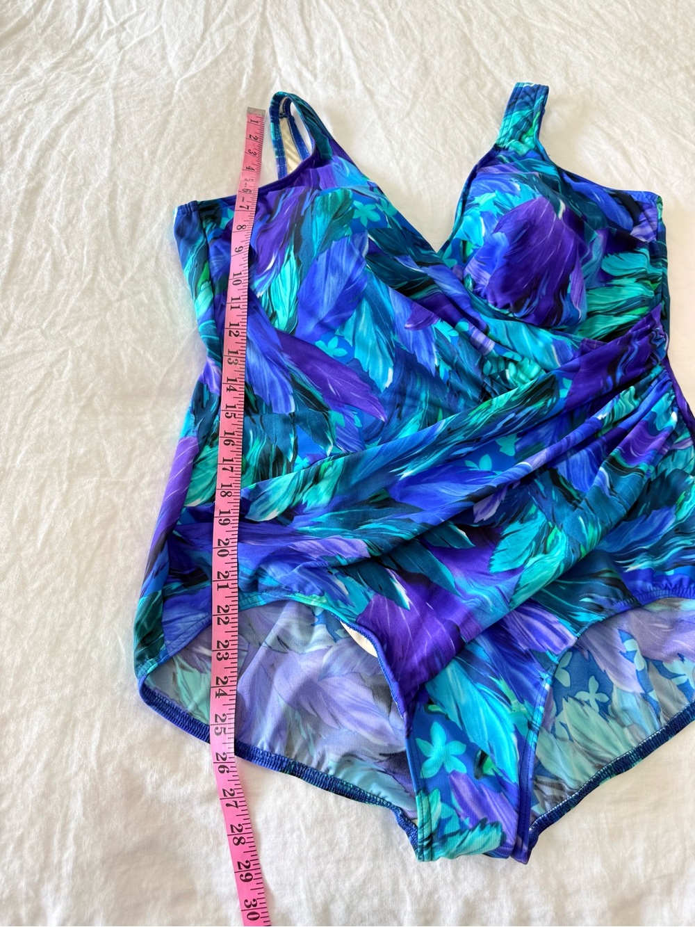 Miraclesuit | SZ 24W | Blue Floral Faux Wrap One Piece Slimming Bathing Suit - Picture 4 of 9